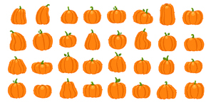 Cartoon orange pumpkin. Halloween october holiday decorative cute traditional pumpkins signs. Yellow gourd, healthy squash vegetable autumn farm nature vector isolated icon illustration set