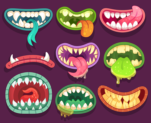 Monsters mouths. Halloween scary monster teeth and tongue in mouth closeup. Funny jaws and crazy face laugh maws of happy bizarre creatures expression zombie or alien character cartoon vector icon set