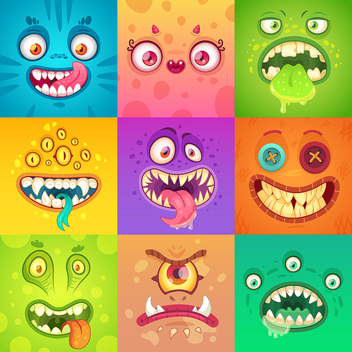 Funny halloween monsters. Cute and scary monster face with alien creatures, beast eyes and tooth toy mouth. Strange creature animal mascot ugly demon character vector illustration icons collage set