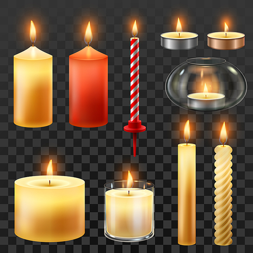 Candle fire. Wax candles for xmas party, romantic heat candlelight flame and lit flaming nightlight in glass. Flames for birthday cake or hanukkah decoration, isolated vector symbol set