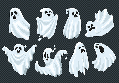 Spooky halloween ghost. Fly phantom spirit with scary face. Ghostly apparition dead ghoul boohoo cute face or whisper in white fabric, haunting humor holiday vector illustration cartoon symbol set