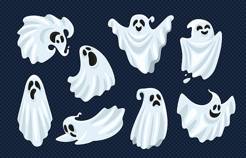 Ghost character. Halloween scary ghostly monster, dead boo spook and cute funny boohoo spooky fly anima or horror curious devil phantom costume isolated cartoon vector icon set