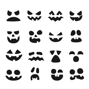 Pumpkin faces. Halloween evil devil face. Scary smile mouth, spooky mean devils nose, jack creepy mouths and pumpkins eyes, lantern goofy black silhouette vector illustration symbols set