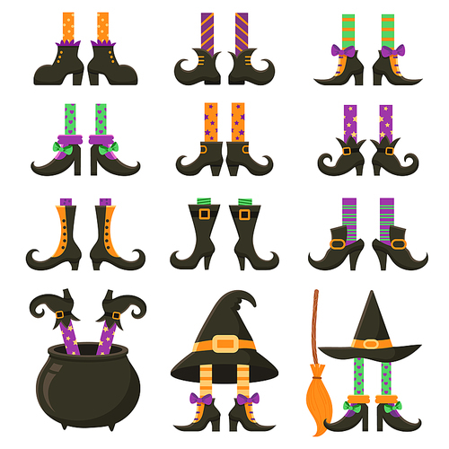Scary witch legs. Halloween witches leg stockings and striped dress socks with broom. Vintage witchcraft cauldron and feet boots for party invitation card, cartoon vector isolated icon set
