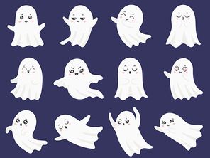 Cute halloween ghosts. Frightened funny ghost, curious spook and spooky devil smiling ghostly child character, boohoo emotion cartoon vector isolated icons illustration set