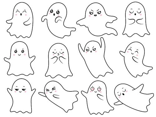 Cute kawaii ghost. Spooky halloween ghosts, smiling spook or japan smile and scary ghostly character with Boo face, fun japanese vector cartoon isolated icons illustration set