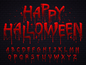 Halloween font. Horror alphabet letters written blood, scary bleed font or evil night wet bloody autumn wet paint abc sign text, calligraphy isolated vector symbols illustration