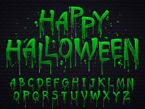Green slime font. Halloween toxic waste letters, blot scary horror greens goo alphabet text sign and blots splash liquid slimes spooky letters, goo vector isolated symbols set