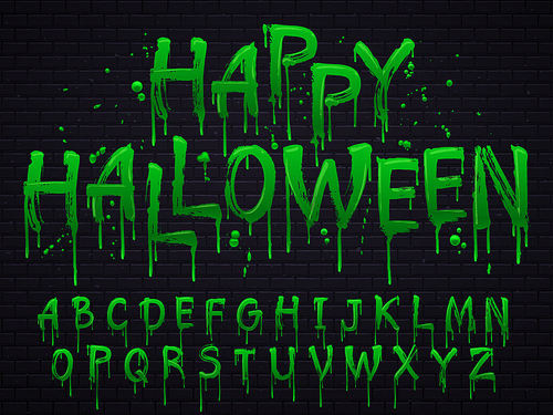 Green slime font. Halloween toxic waste letters, blot scary horror greens goo alphabet text sign and blots splash liquid slimes spooky letters, goo vector isolated symbols set