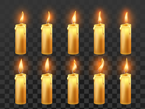 Candle fire animation. Burning orange wax candles, candlelight flame and animated fire flames, wax candle illuminate motion for game, video isolated realistic vector symbol