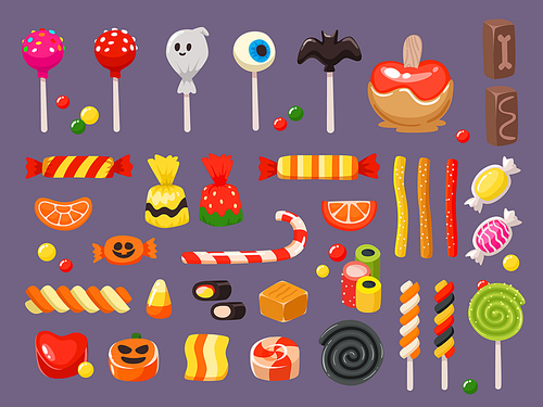 Halloween candy. Sweet candies, scary bat lollipop and kids sweets liquorice butterscotch, cupcakes and jelly treats, october trick or treat entertainment vector illustration isolated symbols set