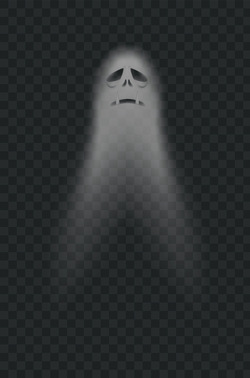 Halloween scary ghostly monster. Poltergeist or phantom silhouette isolated on transparent background. Scary spirit with sad face expression flying at night. Mysterious creature vector