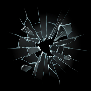 Broken window glass. Broken windshield, shattered glass or crack windows. Shards of computer screen or cracked shattered mirror. Bullet hole 3D isolated vector illustration set