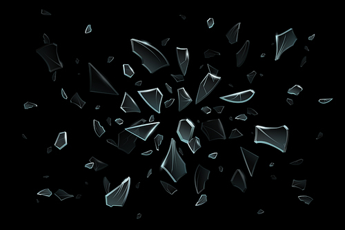 Scattered glass shatters. Pieces of glassy shards, broken window shard and cracked glass. 3D crack shattering car windshield shatters realistic vector illustration