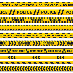 Police black and yellow line do not cross. Barricade boundary isolated by danger tape. Crime scene barrier stripes, industrial striped tape barriers vector set isolated on white background