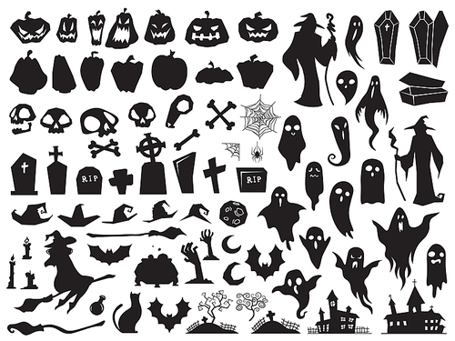 Halloween silhouettes. Spooky evil witch, creepy grave coffin, cat broom and wizard silhouette. Pumpkin, bat spider broomstick and ghost decoration vector illustration isolated icon set