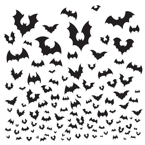 Flying halloween bat. Cave bats flock silhouette fly at sky. Scary dark vampire flittermouse, gothic spooky evil horror for october holiday decoration vector background illustration