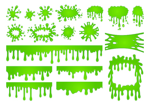Cartoon liquid slime. Green goo paint drops, spooky splash drop border and scary dripping spooky halloween decorative stain, ink toxic sticky texture vector isolated symbols set