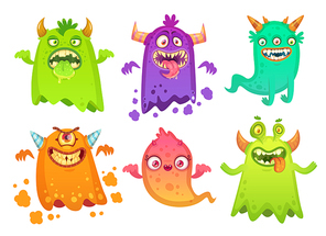 Cartoon monster ghost. Angry scary monsters mascot characters, cute goofy alien smile creature and happy gremlin, troll or devil bizarre character with teeth, vector isolated icon illustration set