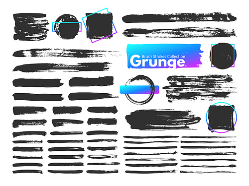 Grunge brush strokes. Watercolor paintbrush stroke line. Dirty square frames, dry messy paint brushes and decoration splatter rectangular brushed frame, scratch texture vector isolated icon set
