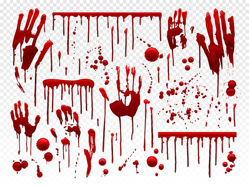 Blood drip. Red paint splash, halloween bloody splatter spots and bleeding hand traces. Dripping bloods mess horror murder crime texture, blood paint holiday decoration vector isolated icon set