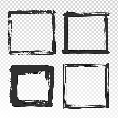 Brush strokes frame. Black grunge square borders, paint brushes photo frames, abstract modern border and distressed hand drawn antique edges texture with aging effect isolated symbols vector set
