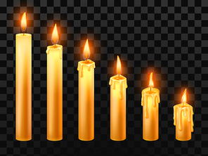 Burning candle. Burn church candles, wax fire and xmas candle. Holiday christmas wick burns burns relax lit flicker or religion church candles. Isolated realistic vector objects set