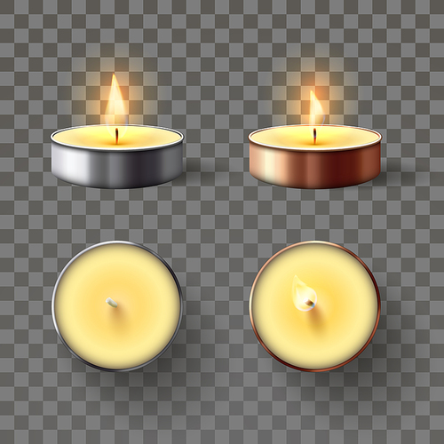 Tea candle. Romantic candles in metal flame, relaxing wax candle fire and spa aromatherapy candlelight. Burning aromatic candles, spa aromatherapy or church memorial glow. Isolated 3D vector icons set