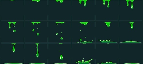 Dripping green slime animation. Cartoon animated toxic waste liquid. Acid or poison drip drop fx sprite, atomic nuclear waste phlegm or danger chemical splash for game vector illustration