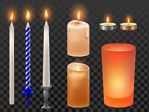 Realistic candle. Christmas holidays or birthday candles, flicker flaming wax and romantic fire flame. Candlelight for xmas, wedding or church ceremony decoration. Isolated vector icons set