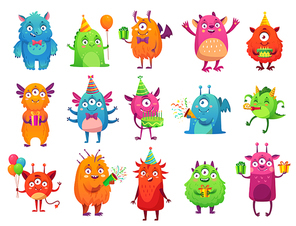 Cartoon party monsters. Cute monster happy birthday gifts, funny alien mascot and monster with greeting cake. bigfoot, troll and silly alien toys. Isolated vector illustration icons set
