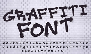 Spray graffiti font. City street art wall tagging lettering, dirty graffitis numbers and letters. Grunge alphabet, street art graffiti sprayed abc lettering. Isolated vector symbols set