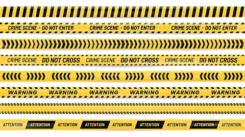 Danger ribbon. Alert stripes, warning tape and striped yellow and black ribbons realistic vector illustration set. Bundle of barricade, caution, safety or hazard lines for crime scene preservation.