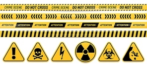 Danger ribbon and sign. Attention, poison, high voltage, radiation, biohazard and falling warning signs. Caution tape vector set. Bundle of restricted access, safety and hazard stripes, alert symbols.