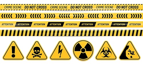 Danger ribbon and sign. Attention, poison, high voltage, radiation, biohazard and falling warning signs. Caution tape vector set. Bundle of restricted access, safety and hazard stripes, alert symbols.