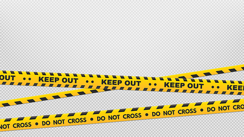 Caution perimeter stripes. Warning and danger tapes. Black and yellow do not cross and keep out line. Crime places and construction signs isolated on transparent background vector illustration
