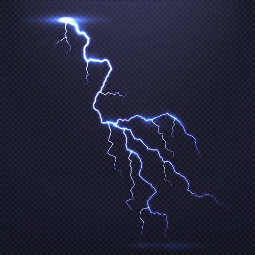 Lightning, natural light effect, bright glowing isolated on dark background. Magic thunderstorm. Flash bolt or thunderbolt with sparks, power blast storm transparent backdrop vector illustration