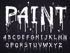 Paint dripping paint font for latin alphabet isolated on dark background with bricks. White oil english letters. Wet painted abc sign text with splatters, calligraphy concept vector illustration