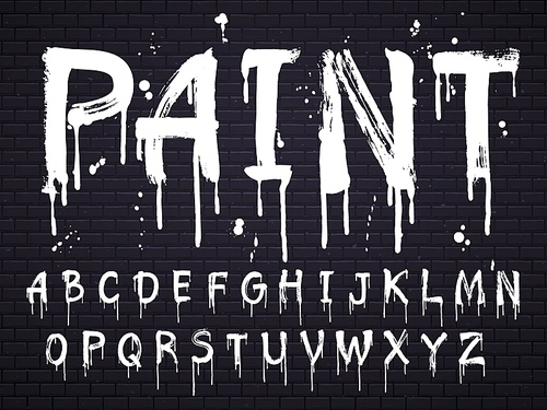 Paint dripping paint font for latin alphabet isolated on dark  with bricks. White oil english letters. Wet painted abc sign text with splatters, calligraphy concept vector illustration