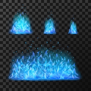 Blue fire flames. Light hot blazing, danger and power burn illustration, energy fiery warm glow vector