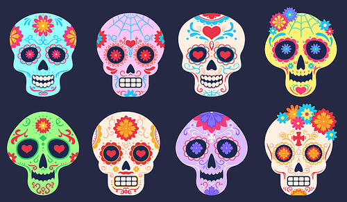 dead day skulls. dia de los muertos decoration with flowers and skulls,  floral pattern, traditional mexican festival vector set. death holiday celebration, skull with bright ornament
