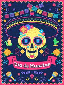 Dia de los muertos poster. Dead day holiday, skull with flowers, ribbons and text, traditional mexican latin festival, vector background. Colorful flags, candle and cactus, holiday celebration