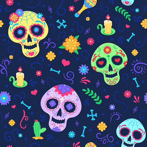 Dia de los muertos pattern. Dead day holiday symbols, skulls and flowers, candle and maracas. Mexican party colored seamless vector texture. Mexican pattern with colored skull halloween