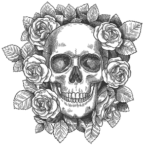 skull with flowers. sketch human skull with roses, traditional gothic black . drawn monster halloween engraving vector artwork. scary dead head with teeth with blossom and foliage