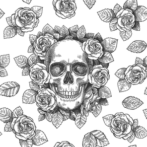 Skull with flowers. Sketch skulls with roses gothic artwork, repeat graphic print wallpaper, textile texture seamless vector pattern. Foliage and plants with scary face, frightening dead head