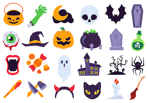 Halloween icons. Holiday symbols, moon and spider, pumpkin, ghost and bat. Candy, skull and gravestone, candle, broom flat vector set. Spooky decoration for horror event as knife, bat with blood