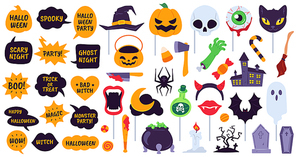 Halloween props. Holiday accessories speech bubbles with phrases, pumpkin, skull and devil hat. Spider, ghost and bat, broom vector icons. Halloween masquerade, party holiday set illustration
