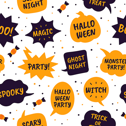 Halloween speech bubbles. Comic bubbles black and orange color with text happy halloween, magic and party, witch seamless vector pattern. Ghost night, spooky, trick or treat message