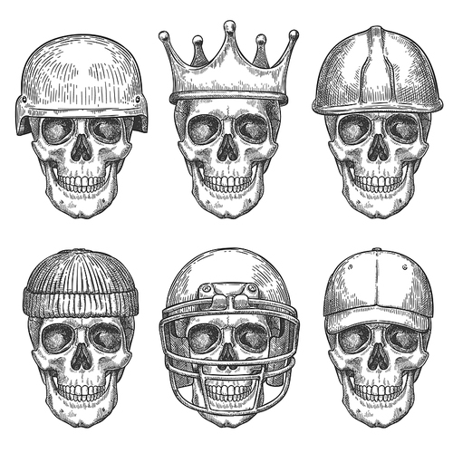 skull in hats. dead head characters with crown, baseball cap and helmets monochrome drawing art  for shirt design or  vector set. scary elements with different headdress isolated on white