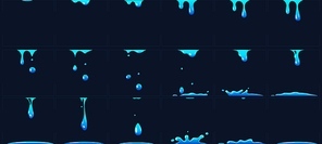 Dripping water animation, water splashes for game development. Dropping liquid in frames for cartoon. Blue fluid droplets, falling clear aqua elements forming puddles collection vector illustration